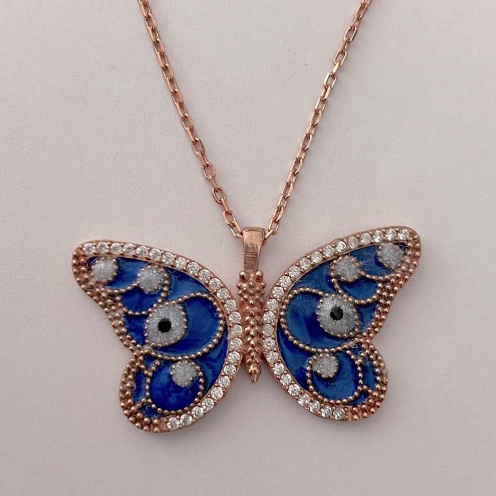 🦋 925 Silver butterfly blue evil eye cz necklace - Picture 1 of 6